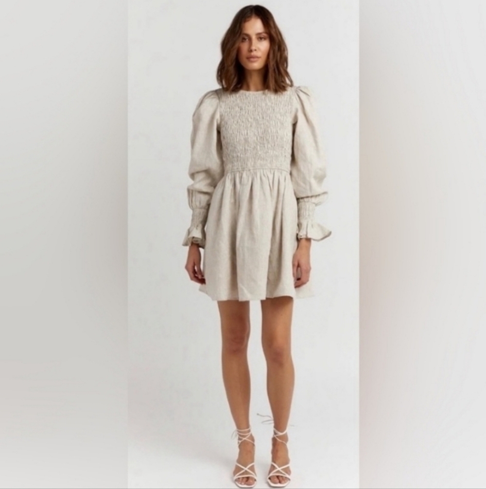 DISSH Kennedy Natural Linen Mini Dress Beige Sleeveless Feminine Casual Size 8